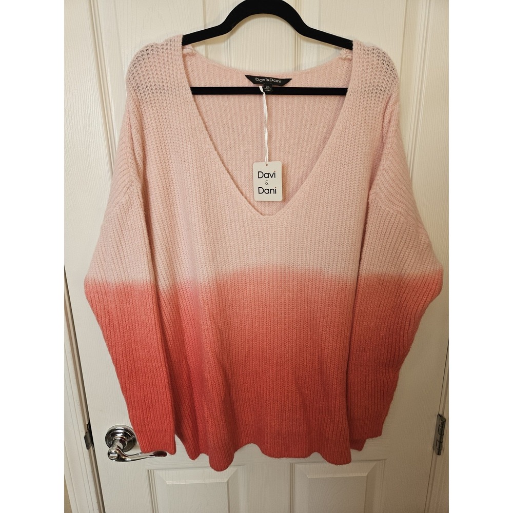 NWT Davi & Dani V-Neck LS Drop Shoulder Pink Ombre Knit Pullover Sweater, +2XL
